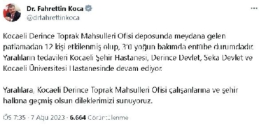 Bakan Koca Toprak Mahsulleri Ofisinde meydana gelen patlamada 12 kişi etkilenmiş olup 3ü entübe durumdadır