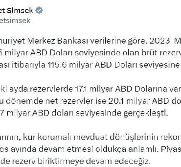 Bakan Şimşek: Son iki ayda rezervlerde 17,1 milyar ABD Dolarına varan artış kaydedildi 3 Bakan Şimşek Son iki ayda rezervlerde 171 milyar ABD Dolarına varan artış kaydedildi