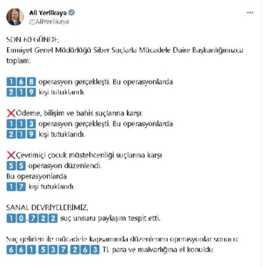 Bakan Yerlikaya Siber suçlara yönelik 219 kişi tutuklandı