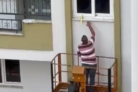 Evden kaçan papağan 3üncü kat penceresinden vinçle alındı