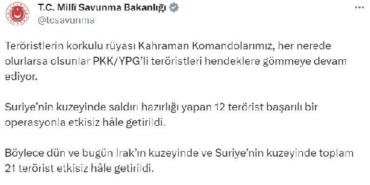 MSB Suriyenin kuzeyinde 12 terörist etkisiz hale getirildi