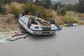 Seyir halinde el freni çekilen otomobil takla atıp ters döndü