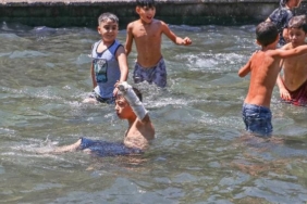 Sıcaktan bunalınca kolundaki alçıya rağmen süs havuzuna girdi