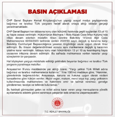 Adalet Bakanlığı: Kılıçdaroğlu'nun iddiaları gerçeği yansıtmamaktadır 5 Adalet Bakanlığı: Kılıçdaroğlu'nun iddiaları gerçeği yansıtmamaktadır