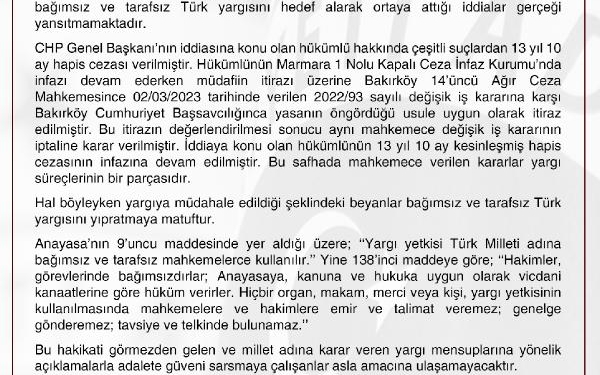 Adalet Bakanlığı: Kılıçdaroğlu'nun iddiaları gerçeği yansıtmamaktadır