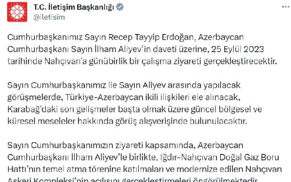 Cumhurbaşkanı Erdoğan, Nahçıvan'a gidiyor