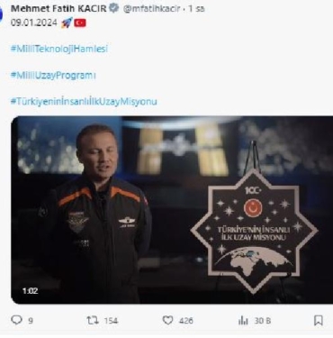 Türkiye'nin ilk yolcusu, 9 Ocak'ta uzaya gidecek