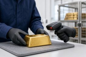 Altın Üç Gündür Geriliyor: Konut Verisi ve Tokenize Altın 9 Değerli metal saklama tesisinde bir görevlinin altın külçeyi el tipi tarayıcıyla kayda alması, temsili görsel