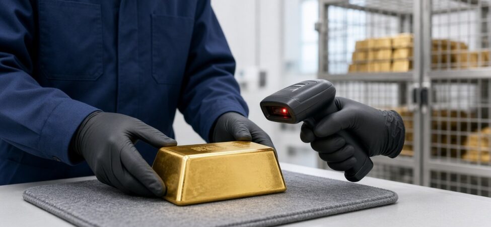 Altın Üç Gündür Geriliyor: Konut Verisi ve Tokenize Altın 20 Değerli metal saklama tesisinde bir görevlinin altın külçeyi el tipi tarayıcıyla kayda alması, temsili görsel