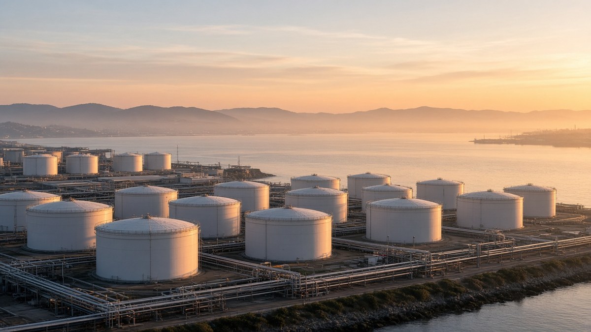 Sabah ışığında bir limandaki ham petrol depolama tankları; petrol fiyatlarının altın üzerindeki etkisi, temsili görsel