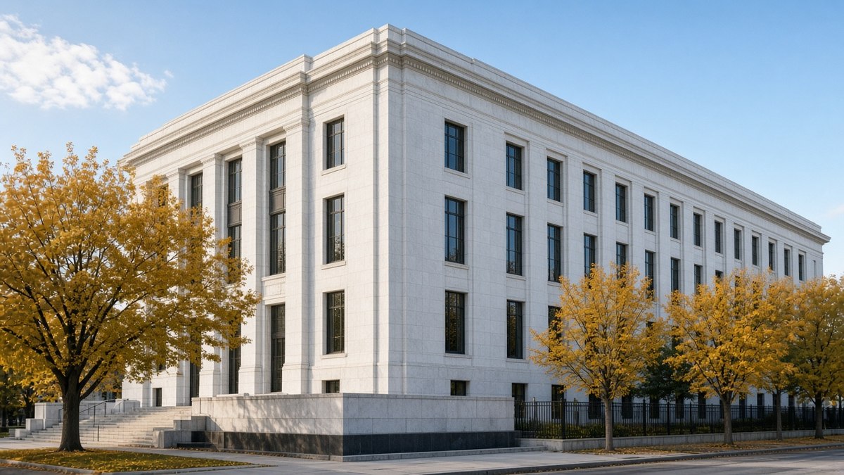 Sonbahar sabahında beyaz mermer cepheli bir merkez bankası binası; Fed kararı öncesi altın gündemi, temsili görsel