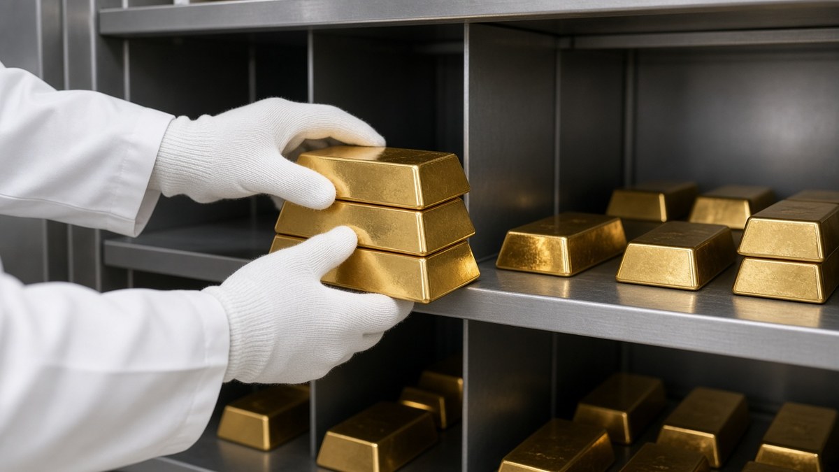 Bir değerli metal saklama tesisinde altın külçeleri kasaya geri yerleştiren eldivenli bir görevli; altın ETF çıkışları için temsili görsel