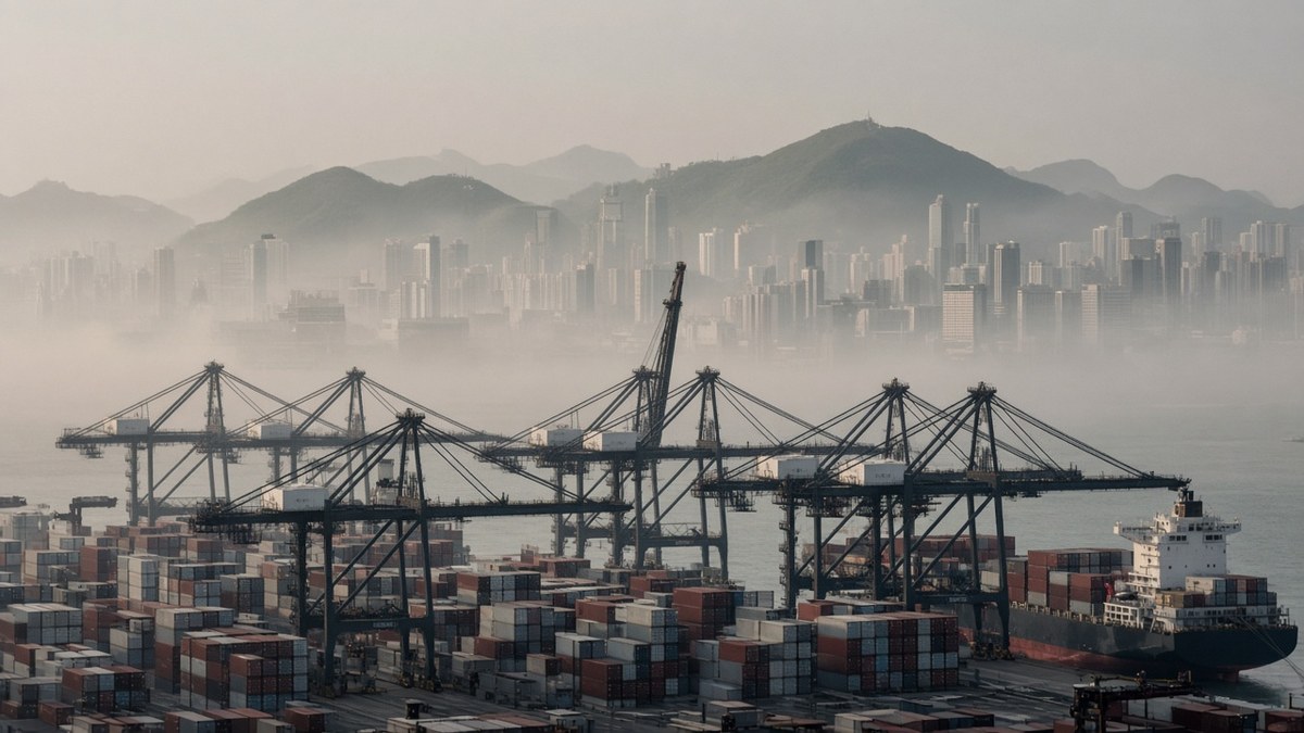 Sabah sisinde Hong Kong limanında konteyner vinçleri ve şehir silueti; Çin'in Hong Kong üzerinden altın ithalatı, temsili görsel