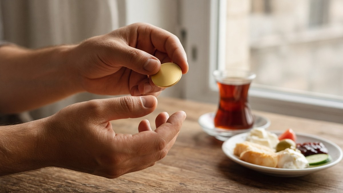Evde ahşap masa üzerinde bir bardak çayın yanında küçük bir altın sikke tutan eller; gram altın ve bayram tatili, temsili görsel