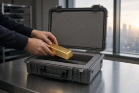 Altın Fed Faizi Sabit Tuttuktan Sonra 4.040 Dolarda, Gözler PCE Verisinde 8 Sabah ışığında bir değerli metal şirketinde tek bir altın külçeyi koruyucu taşıma çantasına yerleştiren eller; Fed kararı sonrası altın, temsili görsel