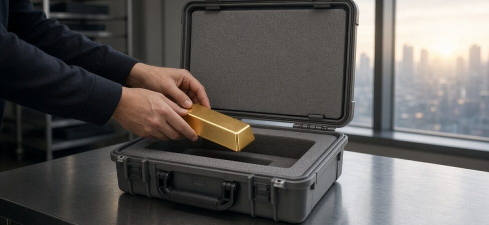 Altın Fed Faizi Sabit Tuttuktan Sonra 4.040 Dolarda, Gözler PCE Verisinde 7 Sabah ışığında bir değerli metal şirketinde tek bir altın külçeyi koruyucu taşıma çantasına yerleştiren eller; Fed kararı sonrası altın, temsili görsel