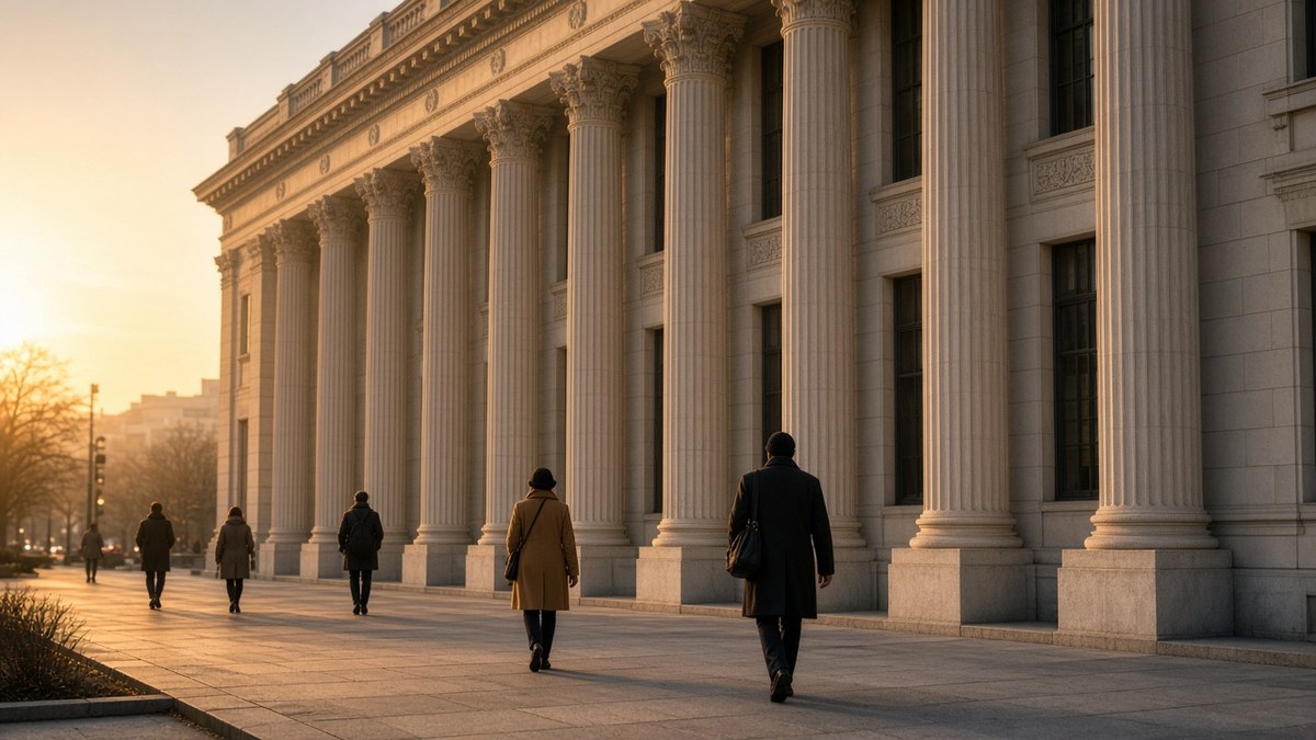 Washington'da sabah saatlerinde sütunlu bir federal hükümet binasının önünden geçen yayalar; ABD büyüme verisi ve altın, temsili görsel