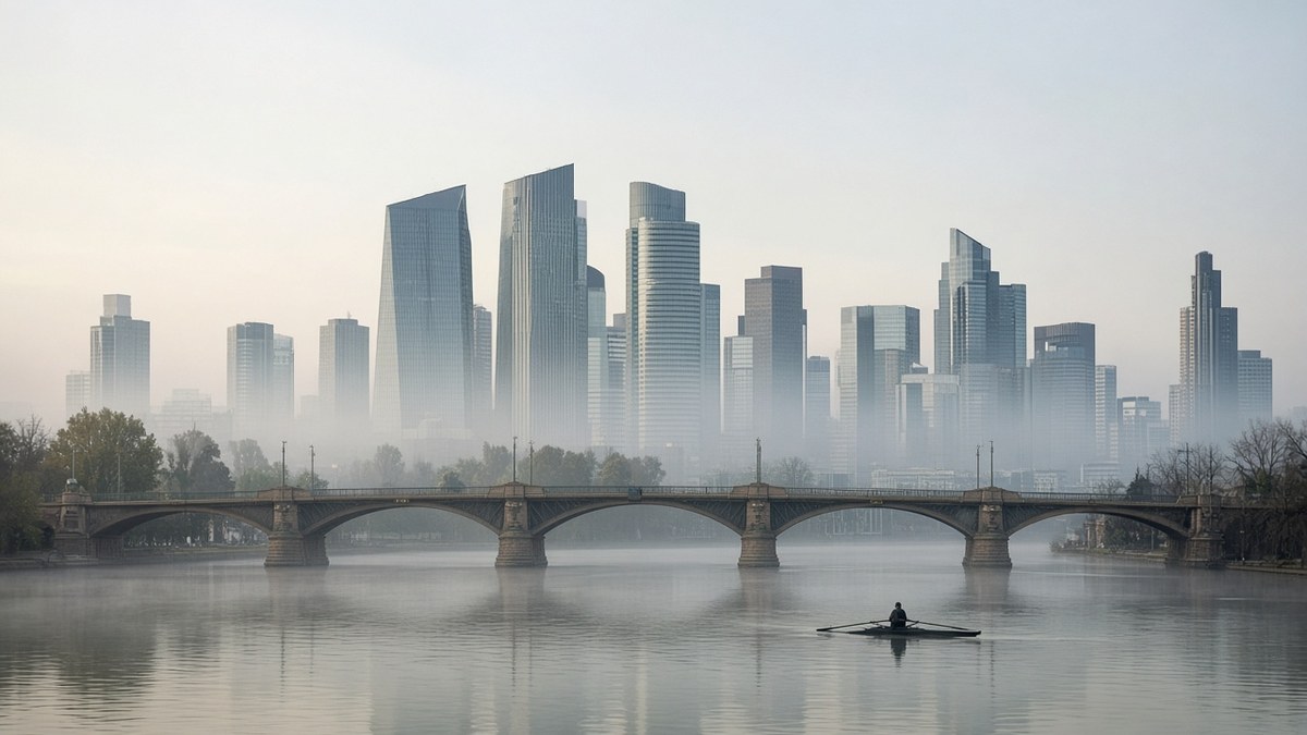 Sabah pusunda Main nehri kıyısından Frankfurt silueti; ECB faiz kararı ve altın piyasası, temsili görsel
