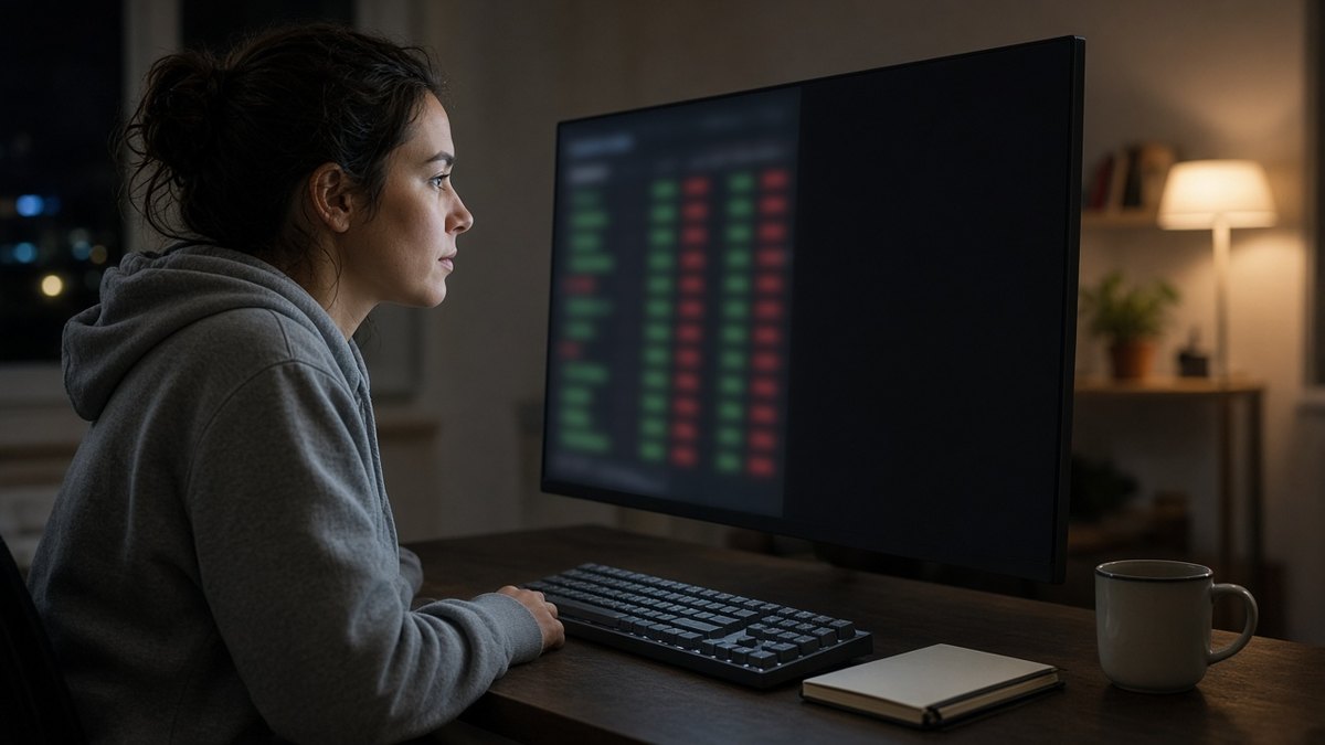 Gece ev ofisinde gizlilik filtreli monitörde emir defterine bakan kadın trader, Aster Chain ve ASTER için temsili görsel