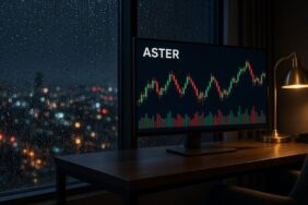 Yağmurlu gece otel odasında pencere önündeki geniş monitörde ASTER mum grafiği ve hacim çubukları, Aster için temsili görsel