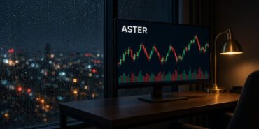 Yağmurlu gece otel odasında pencere önündeki geniş monitörde ASTER mum grafiği ve hacim çubukları, Aster için temsili görsel