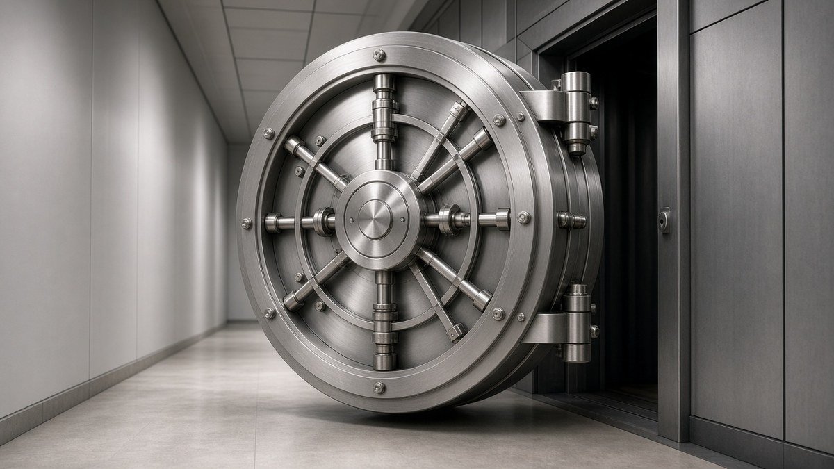 Kripto Kulisleri 19 Ekim: Qubic Durdu, ICX Delisti ve WLD 2 Modern bir bankanın kasa dairesinde yarı açık çelik kasa kapısı, Deutsche Bank kripto saklama hizmeti için temsili görsel