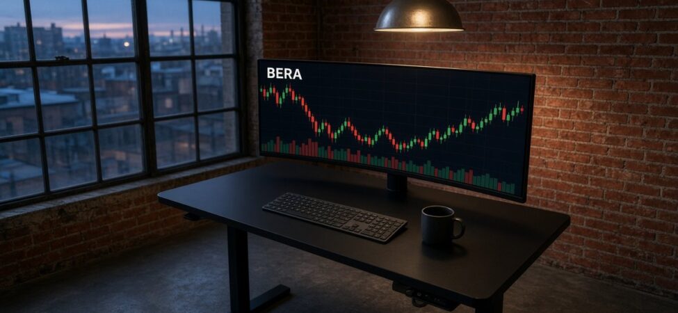 Tuğla duvarlı bir loftta ayaklı masadaki geniş kavisli monitörde BERA mum grafiği ve hacim çubukları, Berachain için temsili görsel