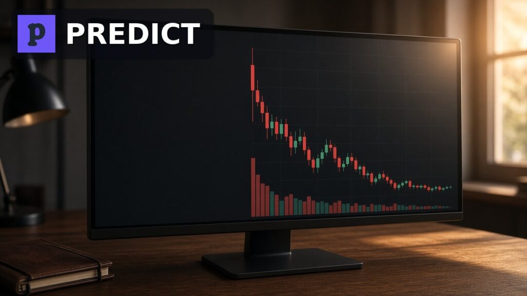 Bir işlem ekranında yeni açılan PREDICT vadeli kontratının yeşil ve kırmızı mumları ile hacim çubukları, köşede Predict.fun logosu, Binance PREDICT ön piyasa kontratı için temsili görsel