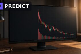 Binance PREDICT Ön Piyasa Vadeli Kontratını Açtı 21 Bir işlem ekranında yeni açılan PREDICT vadeli kontratının yeşil ve kırmızı mumları ile hacim çubukları, köşede Predict.fun logosu, Binance PREDICT ön piyasa kontratı için temsili görsel