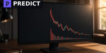 Binance PREDICT Ön Piyasa Vadeli Kontratını Açtı 2 Bir işlem ekranında yeni açılan PREDICT vadeli kontratının yeşil ve kırmızı mumları ile hacim çubukları, köşede Predict.fun logosu, Binance PREDICT ön piyasa kontratı için temsili görsel
