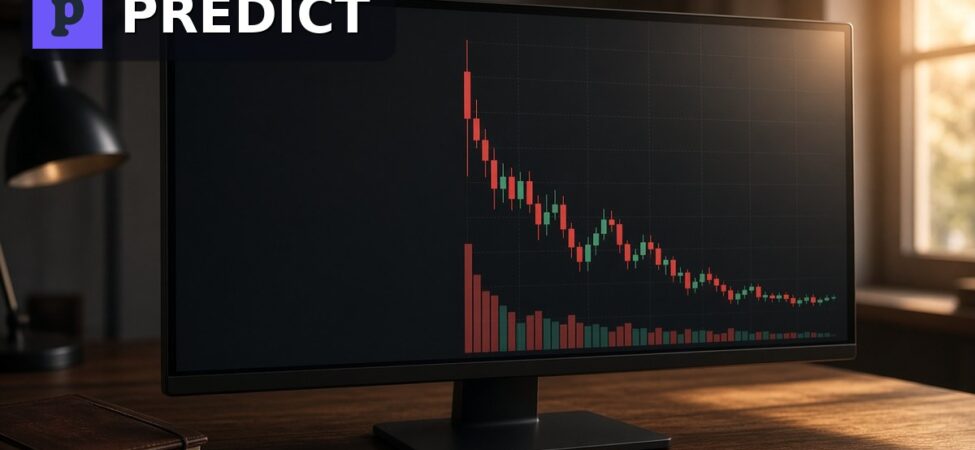 Binance PREDICT Ön Piyasa Vadeli Kontratını Açtı 7 Bir işlem ekranında yeni açılan PREDICT vadeli kontratının yeşil ve kırmızı mumları ile hacim çubukları, köşede Predict.fun logosu, Binance PREDICT ön piyasa kontratı için temsili görsel