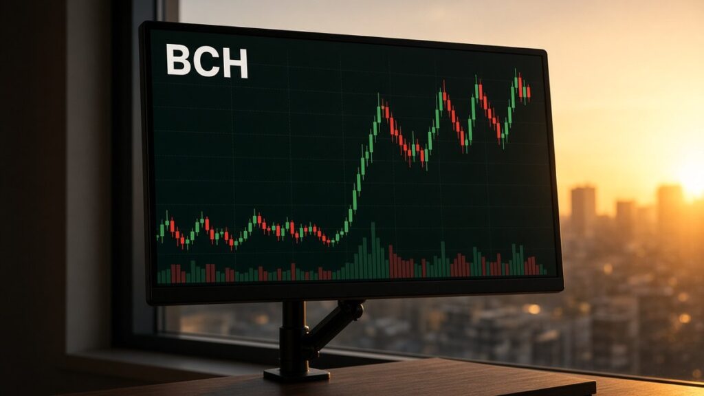 Akşamüstü güneşinde mafsallı kola takılı monitörde BCH mum grafiği ve hacim çubukları, Bitcoin Cash için temsili görsel