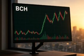 Akşamüstü güneşinde mafsallı kola takılı monitörde BCH mum grafiği ve hacim çubukları, Bitcoin Cash için temsili görsel