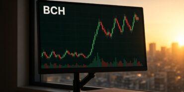 Akşamüstü güneşinde mafsallı kola takılı monitörde BCH mum grafiği ve hacim çubukları, Bitcoin Cash için temsili görsel