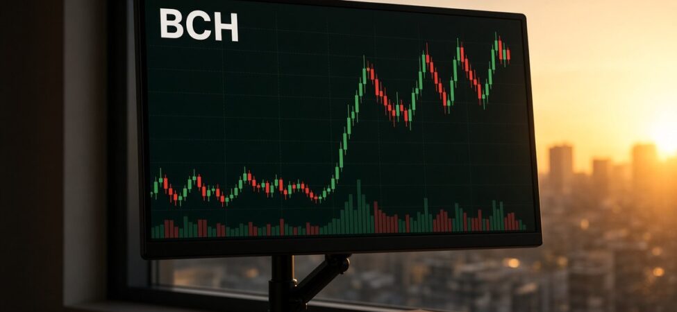 Akşamüstü güneşinde mafsallı kola takılı monitörde BCH mum grafiği ve hacim çubukları, Bitcoin Cash için temsili görsel