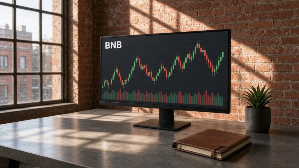 Tuğla duvarlı bir loft ofiste güneş ışığı alan masadaki monitörde BNB mum grafiği ve hacim çubukları, BNB için temsili görsel