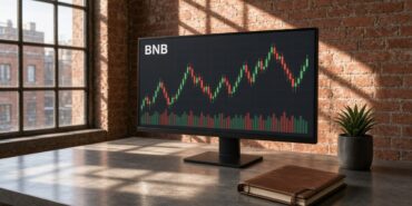 Tuğla duvarlı bir loft ofiste güneş ışığı alan masadaki monitörde BNB mum grafiği ve hacim çubukları, BNB için temsili görsel