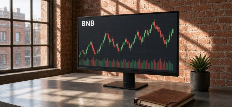 BNB Nedir? Auto-Burn, BNB Smart Chain, Staking ve Arz Yapısı 22 Tuğla duvarlı bir loft ofiste güneş ışığı alan masadaki monitörde BNB mum grafiği ve hacim çubukları, BNB için temsili görsel