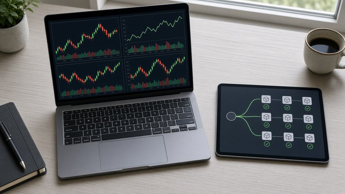 Analist masasında altın, hisse endeksi, döviz ve kripto grafiklerini gösteren dizüstü bilgisayar ile tek kaynaktan bloklara akan veri şeması; CF Benchmarks çoklu varlık endeksleri için temsili görsel