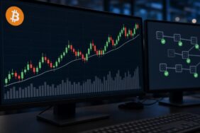 Gece bir kurumsal işlem masasında Bitcoin logolu yeşil ve kırmızı mum grafiği ile doğrulanmış blok zinciri ekranı; CF Benchmarks CFB Oracle için temsili görsel