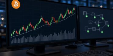 Gece bir kurumsal işlem masasında Bitcoin logolu yeşil ve kırmızı mum grafiği ile doğrulanmış blok zinciri ekranı; CF Benchmarks CFB Oracle için temsili görsel