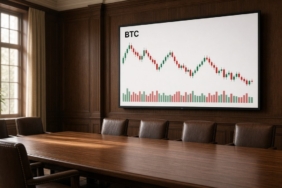 Çin, İngiltere’de Tutulan 61.896 Bitcoin’e El Koymak İstiyor 7 Ahşap panelli bir hukuk toplantı odasında duvar ekranında BTC yazılı, yeşil ve kırmızı mumlar ile hacim çubukları gösteren grafik; Bitcoin el koyma davası için temsili görsel