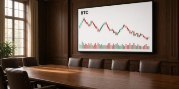 Çin, İngiltere’de Tutulan 61.896 Bitcoin’e El Koymak İstiyor 1 Ahşap panelli bir hukuk toplantı odasında duvar ekranında BTC yazılı, yeşil ve kırmızı mumlar ile hacim çubukları gösteren grafik; Bitcoin el koyma davası için temsili görsel