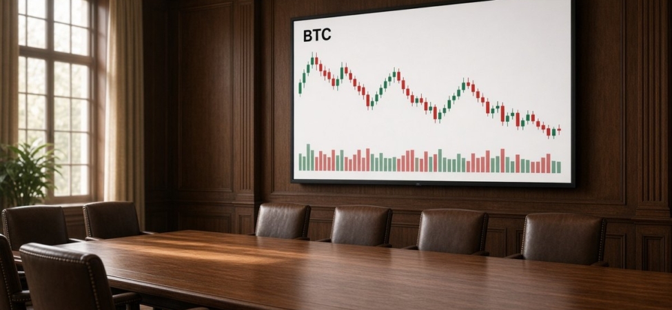 Ahşap panelli bir hukuk toplantı odasında duvar ekranında BTC yazılı, yeşil ve kırmızı mumlar ile hacim çubukları gösteren grafik; Bitcoin el koyma davası için temsili görsel
