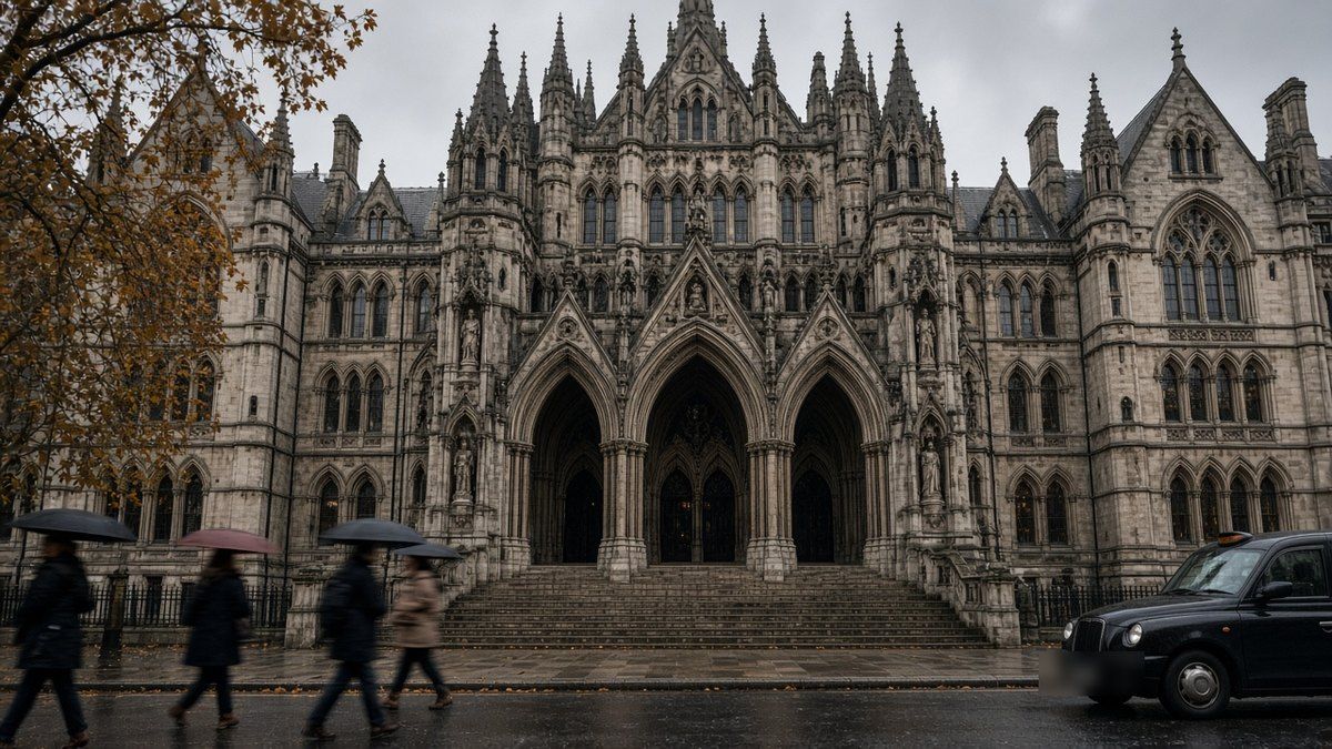 Yağmurlu bir sonbahar gününde Londra'da Viktorya dönemi gotik taş mahkeme binası, şemsiyeli yayalar ve siyah taksi; Bitcoin davasının görüldüğü İngiliz yargısı için temsili görsel