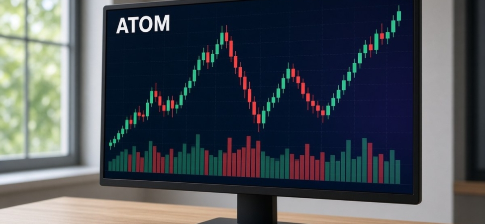 Cosmos (ATOM) Nedir? Hub, IBC, %10 Enflasyon ve Staking 10 Ekranda ATOM mum grafiği ve hacim çubukları, Cosmos (ATOM) için temsili görsel