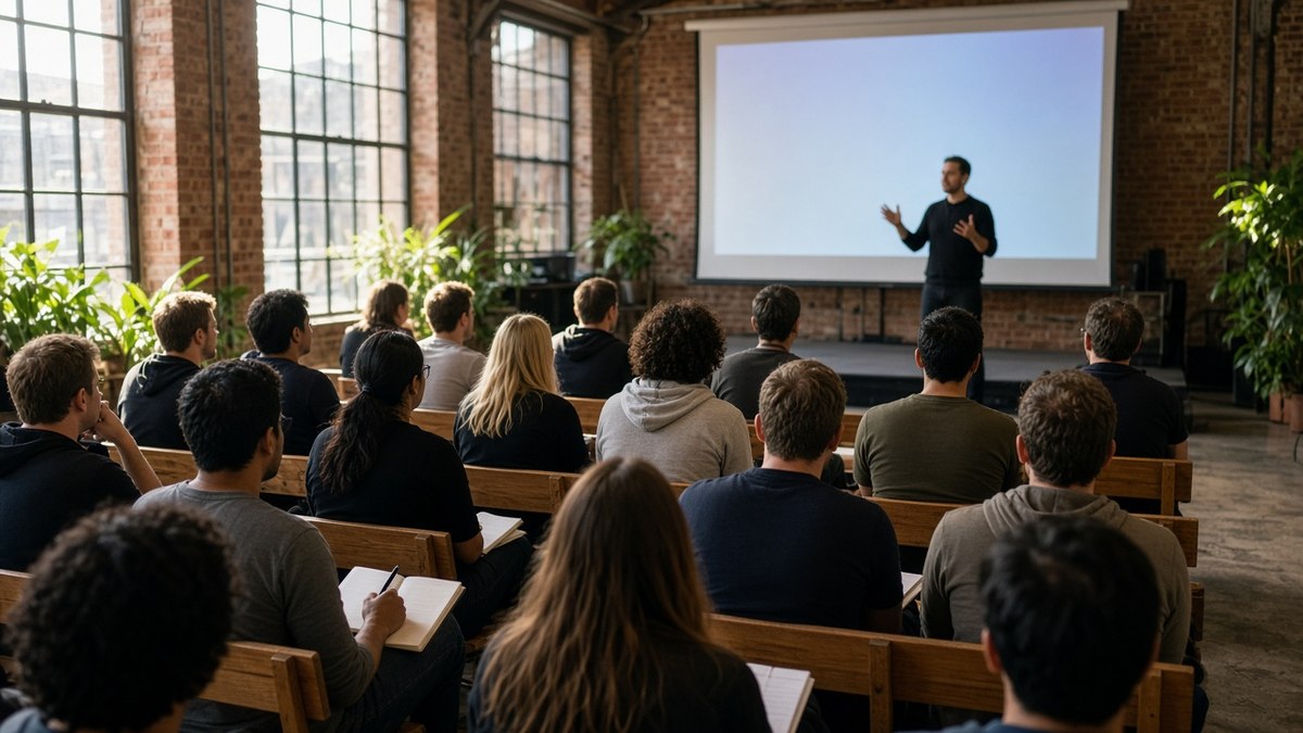 Cosmos (ATOM) Nedir? Hub, IBC, %10 Enflasyon ve Staking 1 Bir geliştirici konferansında uygulama zincirleri üzerine sunum dinleyen yazılımcılar, Cosmos ekosistemi için temsili görsel