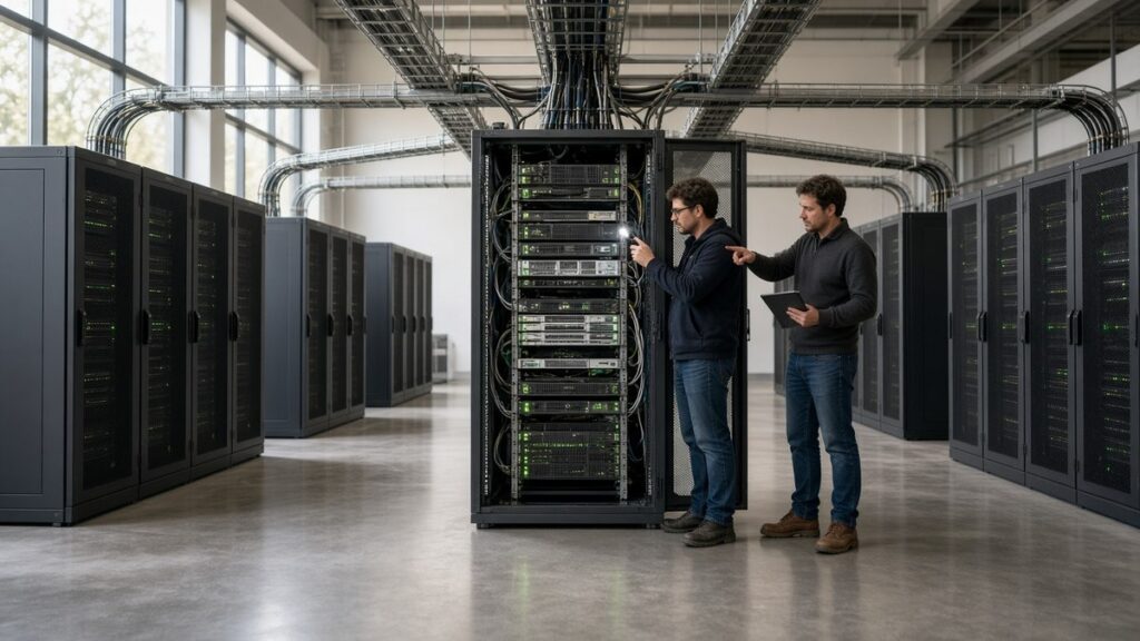 Gün ışığı alan bir veri merkezinde merkezdeki sunucu dolabına bağlı diğer dolapları kontrol eden iki mühendis, Cosmos Hub doğrulayıcı altyapısı için temsili görsel