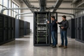 Gün ışığı alan bir veri merkezinde merkezdeki sunucu dolabına bağlı diğer dolapları kontrol eden iki mühendis, Cosmos Hub doğrulayıcı altyapısı için temsili görsel