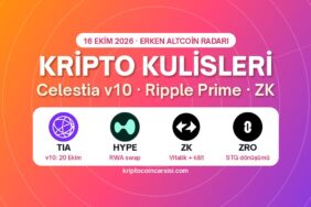 Kripto Kulisleri 16 Ekim: Celestia v10, Ripple Prime ve ZK 31 Kripto kulisleri 16 Ekim 2026 kapak: Celestia TIA, Hyperliquid HYPE, ZKsync ZK ve LayerZero ZRO logoları